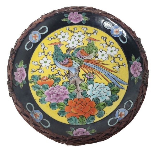 Vintage Yamatoku Kiln Japan Porcelain Phoenix Bird Plate Wicker Frame Decorative - Picture 1 of 6